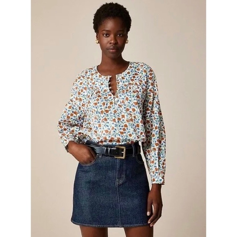 NWT!! J. CREW Shirred Popover Top Blouse Rosewood Floral‎ Preppy Buttons X-Small